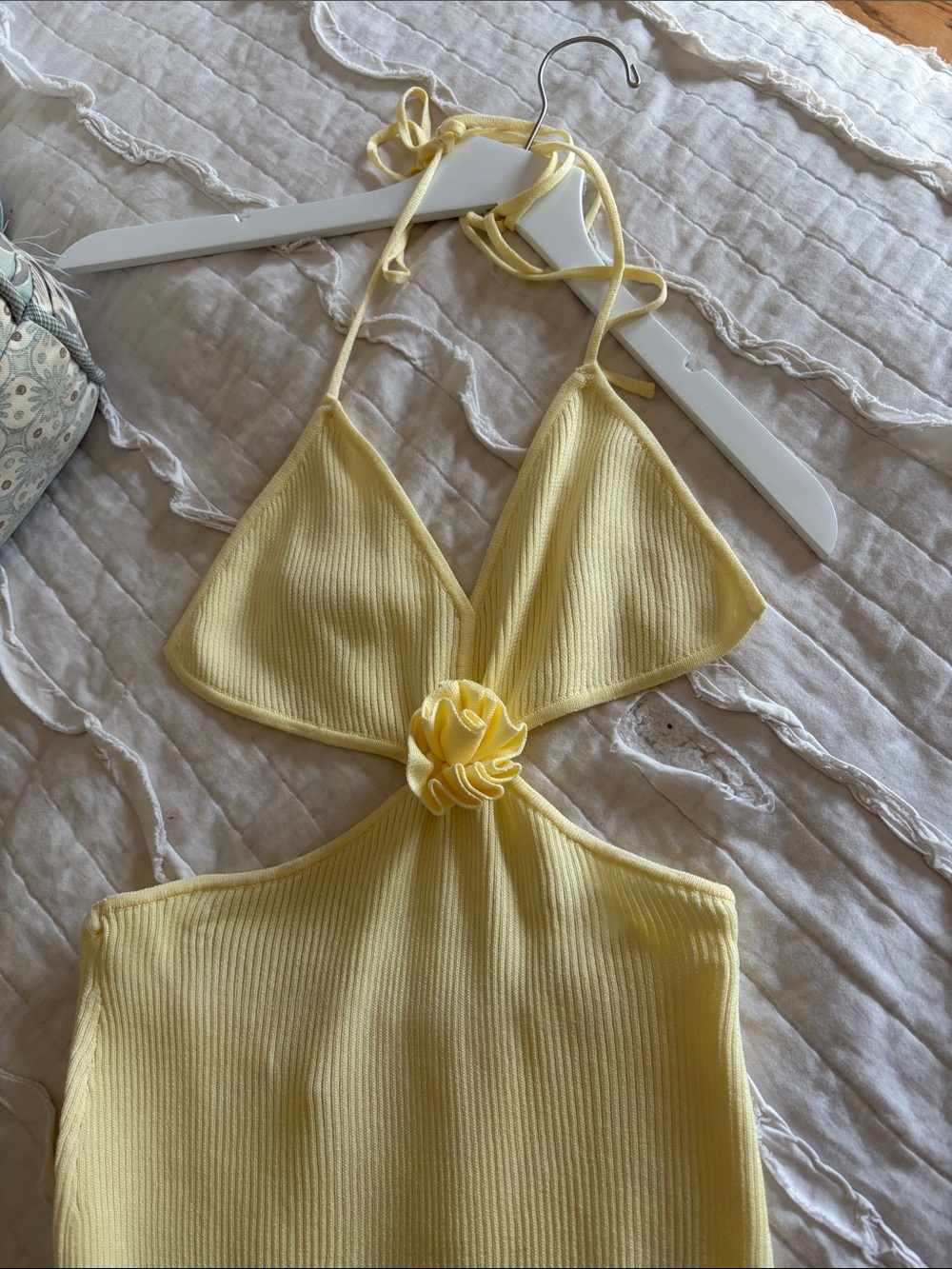 Yellow Halter Maxi Dress with Floral Ring Detail